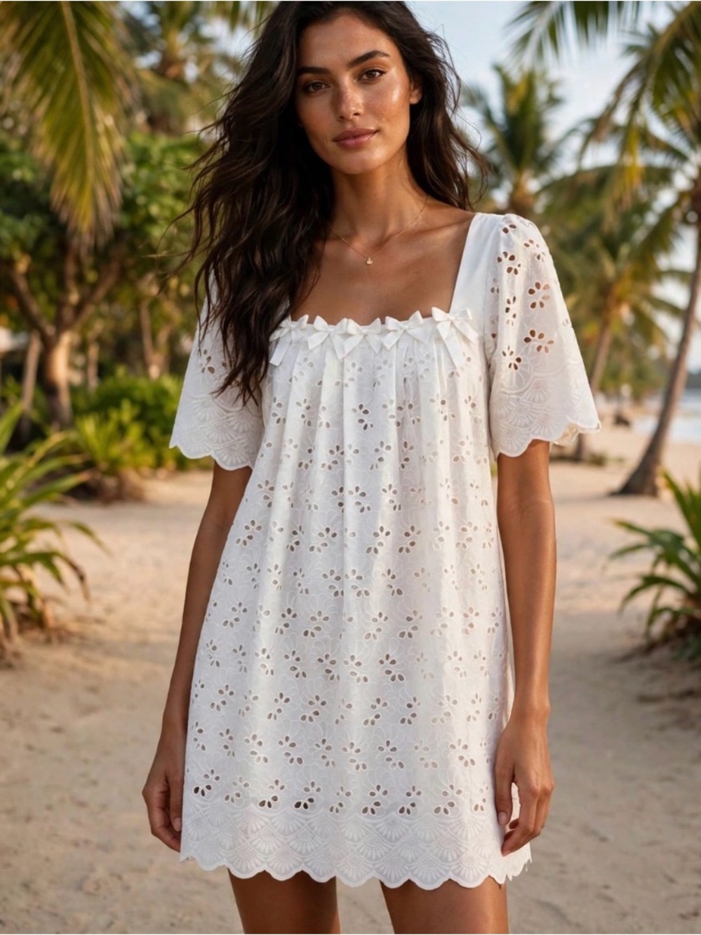Koh Samui White Eyelet Mini Dress Ribbon Bows Size XS